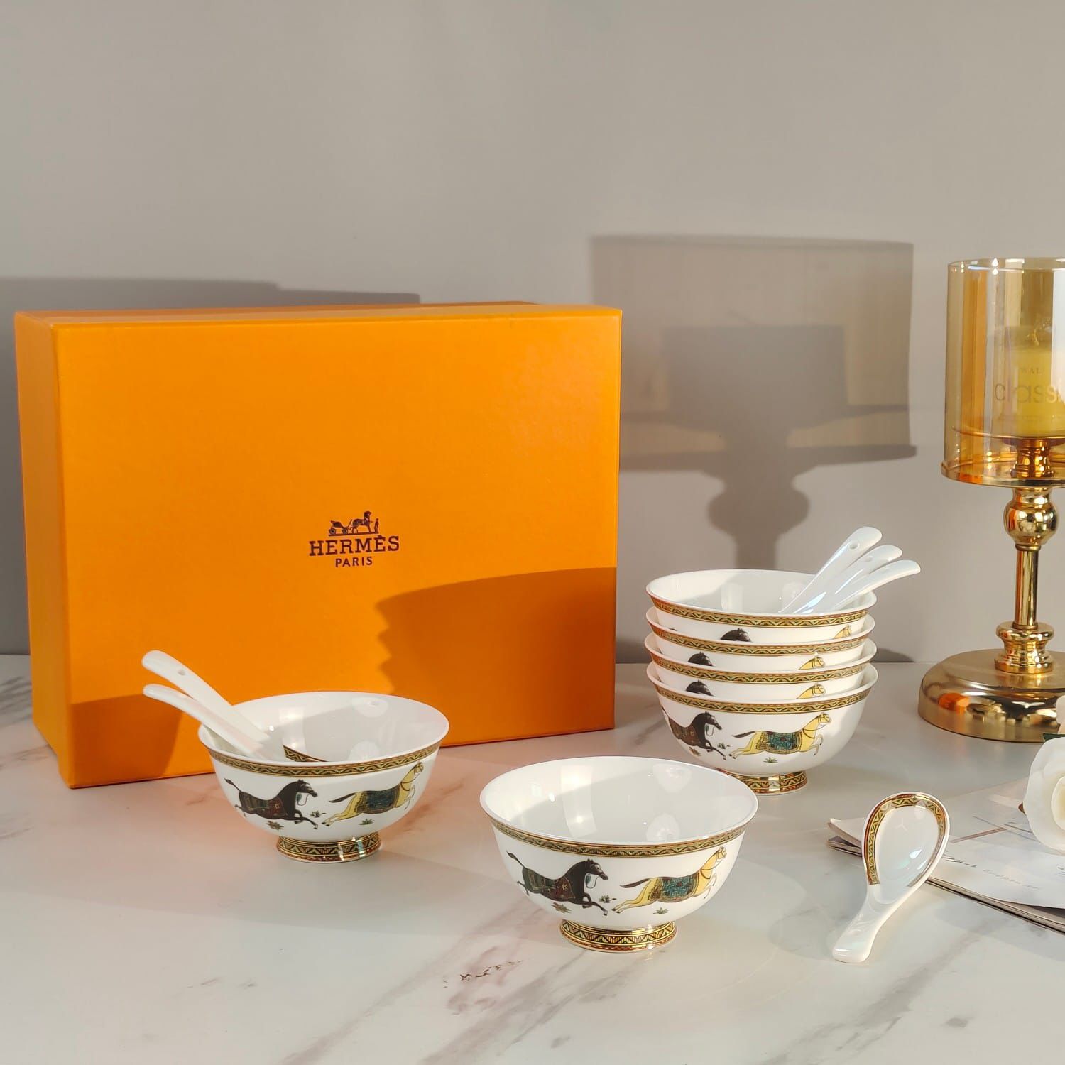 Dior soup set of six bowls with spoons, Hermes, Versace are also available